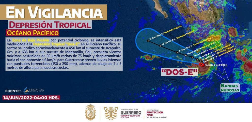 SE FORMÓ LA DEPRESIÓN TROPICAL DOS-E FRENTE A LAS COSTAS DE GUERRERO