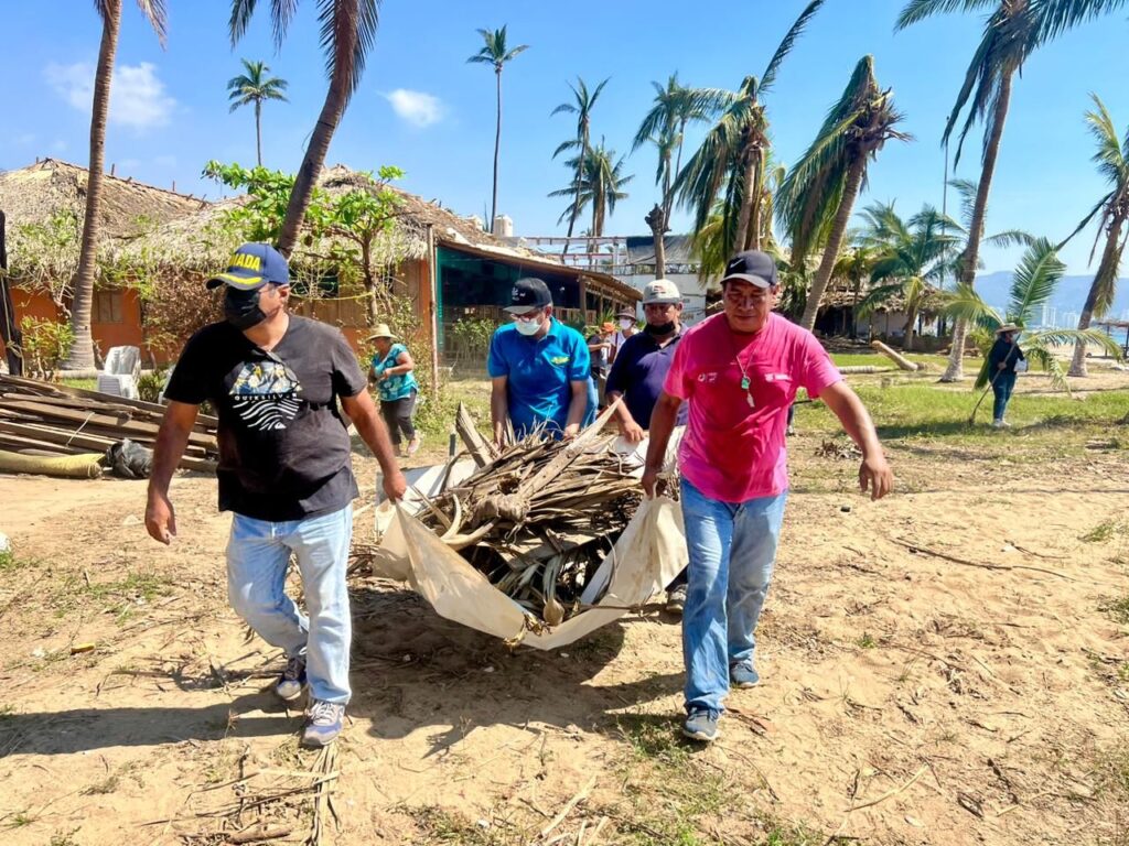 Personal de SECTUR Guerrero y restauranteros, continúan con el retiro de palmas, troncos y basura de olas playas en la zona dorada del puerto
