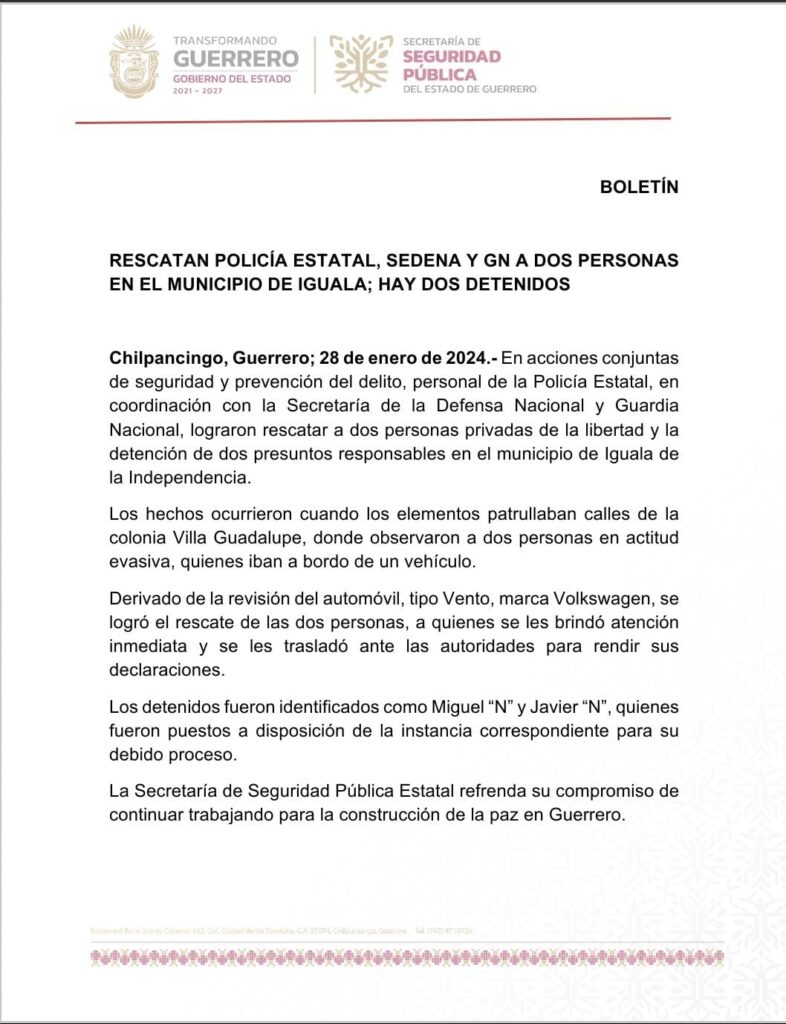 RESCATAN POLICÍA ESTATAL, SEDENA Y GN A DOS PERSONAS EN EL MUNICIPIO DE IGUALA; HAY DOS DETENIDOS